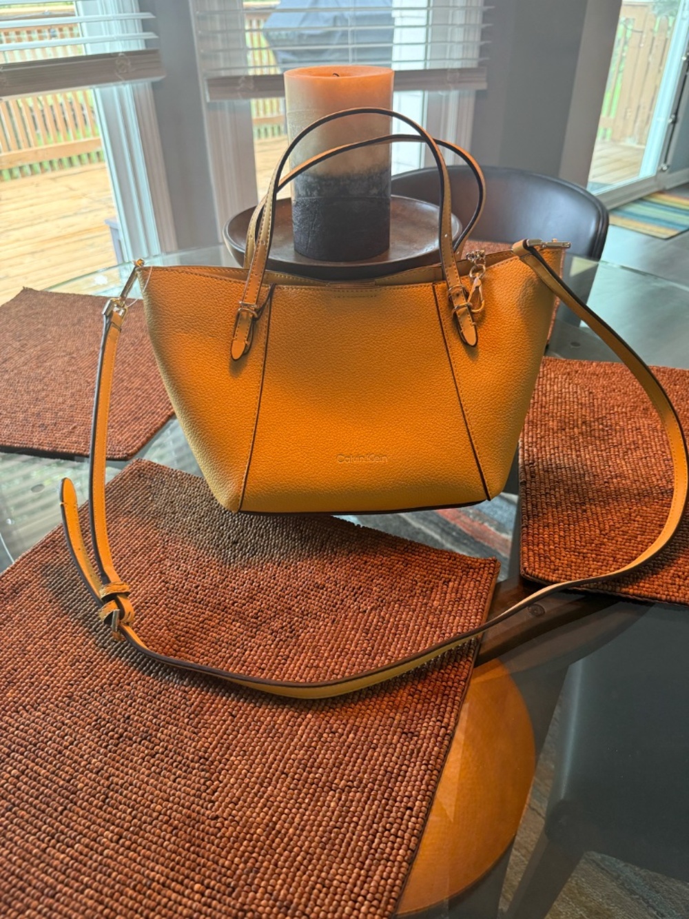 Calvin Klein Mustard Yellow Pebbled Leather Tote / Crossbody Bag